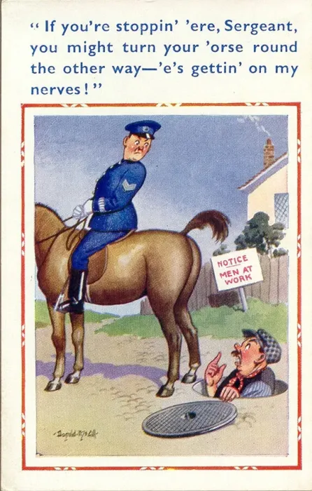 Framed Print : Comic postcard, Workman nervous about horse Date: 20th century Framed Print : Comic postcard, Workman nervous about horse Date: 20th century