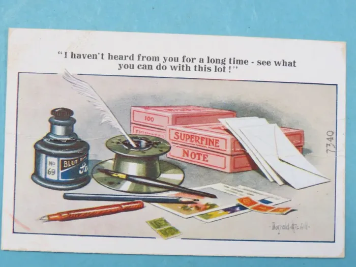 Framed Print : Comic postcard, Writing materials Framed Print : Comic postcard, Writing materials