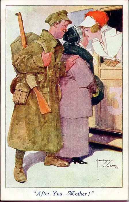 Framed Print : Comic postcard, After you, Mother! WW1 Framed Print : Comic postcard, After you, Mother! WW1