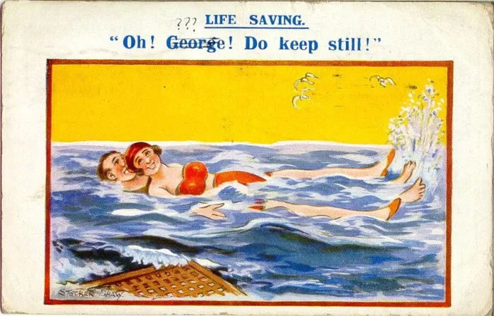 Framed Print : Comic postcard, Young couple in the sea - Life Saving Date: 20th century Framed Print : Comic postcard, Young couple in the sea - Life Saving Date: 20th century