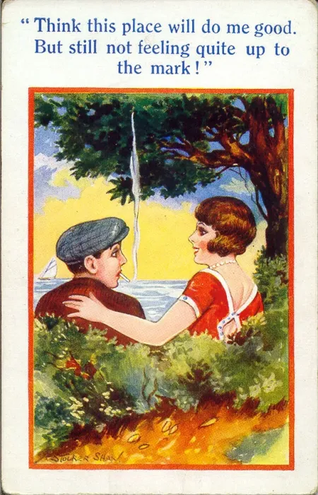 Framed Print : Comic postcard, Young couple at the seaside Date: 20th century Framed Print : Comic postcard, Young couple at the seaside Date: 20th century
