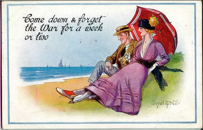 Framed Print : Comic postcard, Young couple at the seaside - forget the war for a week or two. Date: 1914-1918 Framed Print : Comic postcard, Young couple at the seaside - forget the war for a week or two. Date: 1914-1918