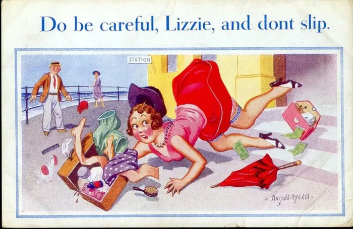Framed Print : Comic postcard, Young woman arrives at the seaside Date: 20th century Framed Print : Comic postcard, Young woman arrives at the seaside Date: 20th century