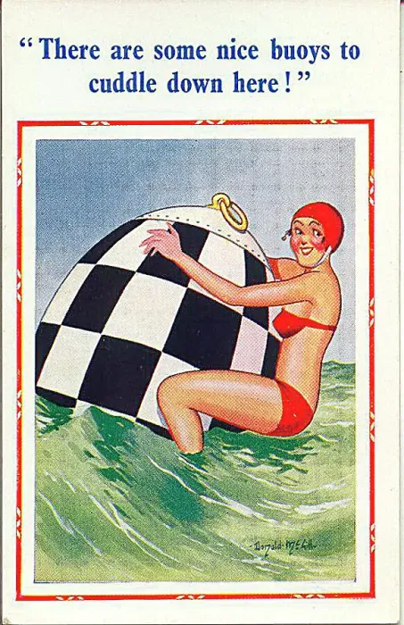 : Comic postcard, Young woman in bikini in the sea, holding onto a buoy Date: 20th century : Comic postcard, Young woman in bikini in the sea, holding onto a buoy Date: 20th century