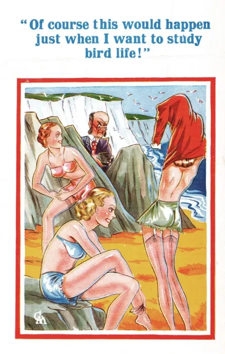 Framed Print : Comic postcard, Young women on the beach, man with camera Date: 20th century Framed Print : Comic postcard, Young women on the beach, man with camera Date: 20th century