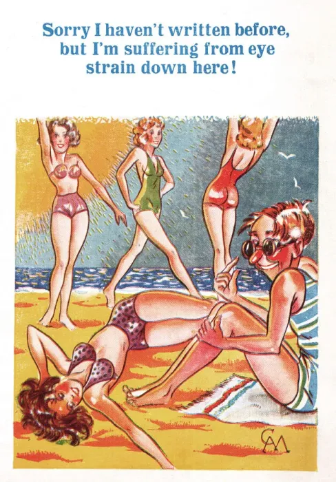 Framed Print : Comic postcard, Young women on the beach - young man suffering from eye strain Date Framed Print : Comic postcard, Young women on the beach - young man suffering from eye strain Date