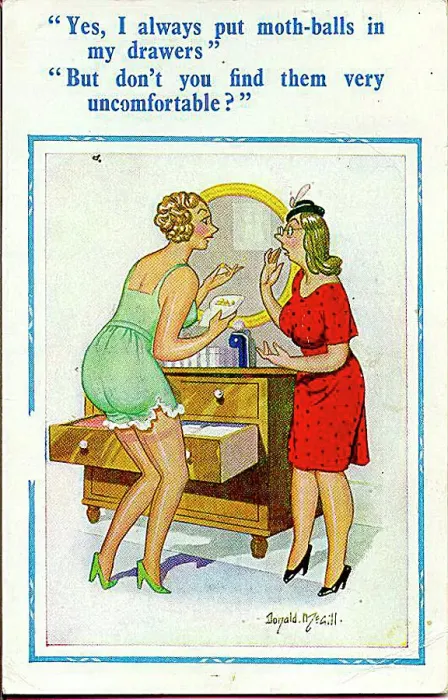 : Comic postcard, Two young women in bedroom - mothballs Date: 20th century : Comic postcard, Two young women in bedroom - mothballs Date: 20th century