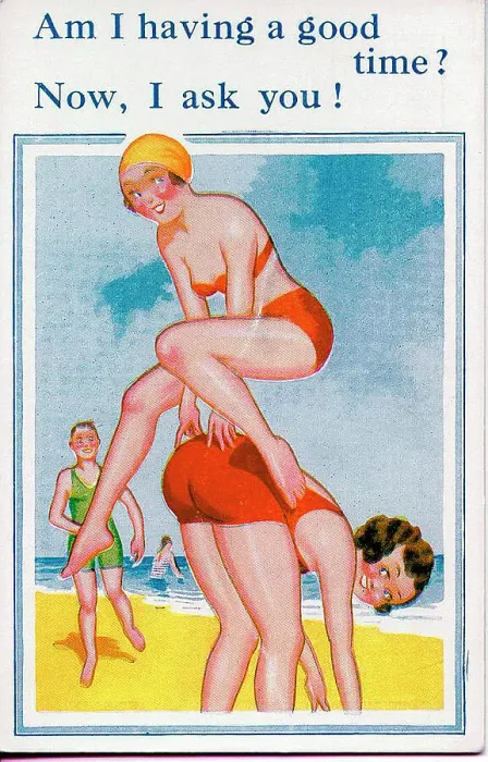 Framed Print : Comic postcard, Two young women leapfrogging on the beach Date: 20th century Framed Print : Comic postcard, Two young women leapfrogging on the beach Date: 20th century