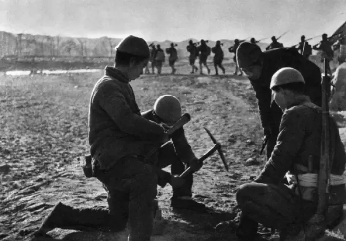 Framed Print : Communist China - civilians laying a landmine Framed Print : Communist China - civilians laying a landmine