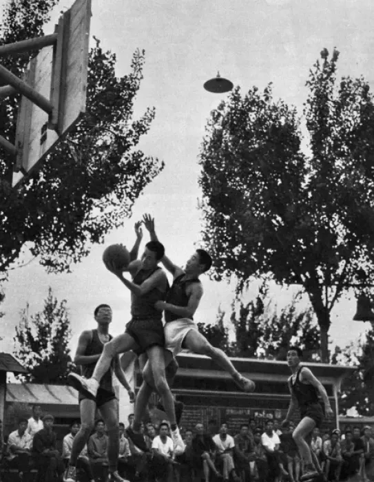 Framed Print : Communist China - workers playing basketball Framed Print : Communist China - workers playing basketball