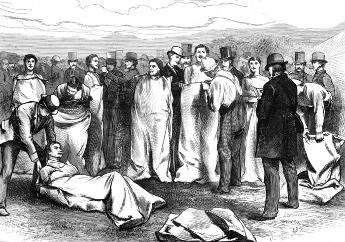 Framed Print : Competitors in a Sack Race at Lillie Bridge, London, 1874 Framed Print : Competitors in a Sack Race at Lillie Bridge, London, 1874