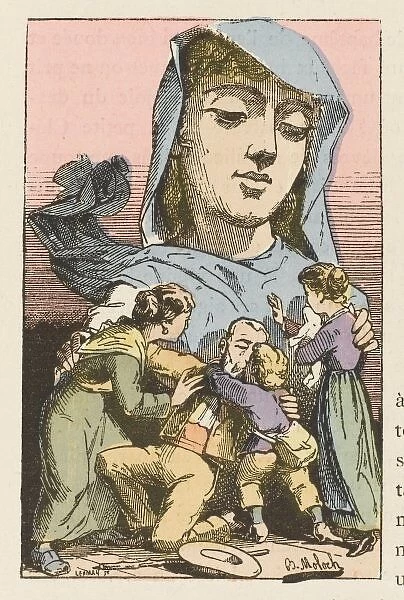 Concept  /  Amnesty. Amnesty depicted as a merciful mother gathering her