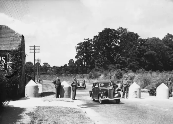 Framed Print : Concrete barricades at Findon, West Sussex during World War II Date: June 1940 Framed Print : Concrete barricades at Findon, West Sussex during World War II Date: June 1940