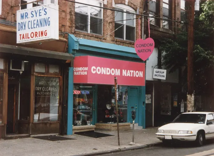 Framed Print : Condom store off South Street, Philadelphia : the variety available ranges from The Immaculate Conception (Mary) to the Stealth Bomber Date: 1992 Framed Print : Condom store off South Street, Philadelphia : the variety available ranges from The Immaculate Conception (Mary) to the Stealth Bomber Date: 1992