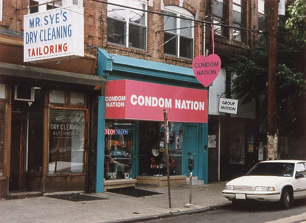 Condom store off South Street, Philadelphia : the variety available ranges from The Immaculate Conception (Mary) to the Stealth Bomber Date: 1992