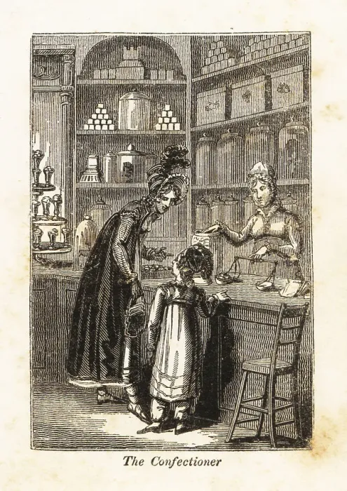 Framed Print : Confectioner selling candies to customers in a store Framed Print : Confectioner selling candies to customers in a store