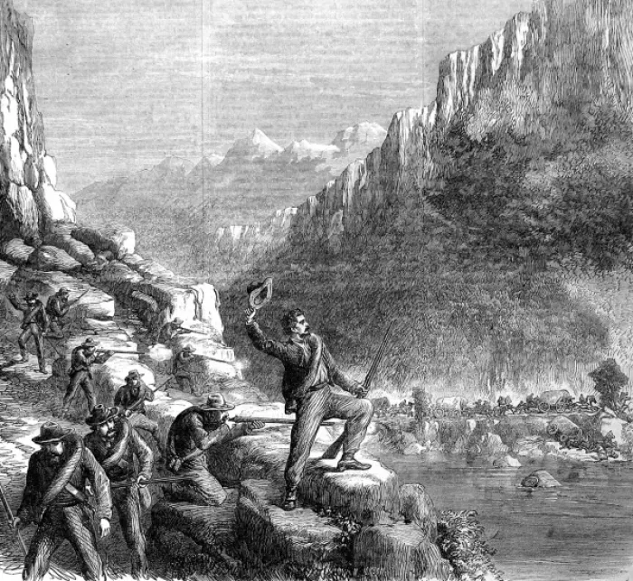 Framed Print : Confederate sharpshooters firing at a supply train, American Framed Print : Confederate sharpshooters firing at a supply train, American