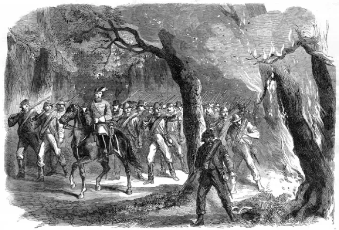Framed Print : Confederate Troops moving through a burning forest; American Framed Print : Confederate Troops moving through a burning forest; American