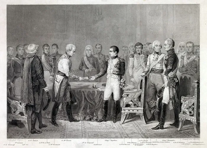 Framed Print : CONFERENCE AT ERFURT Napoleon and Tsar Alexander receive the Austrian ambassador, Baron Vincent : they offer peace terms to England which are rejected Date: 27 Sept - 14 Oct 1808 Framed Print : CONFERENCE AT ERFURT Napoleon and Tsar Alexander receive the Austrian ambassador, Baron Vincent : they offer peace terms to England which are rejected Date: 27 Sept - 14 Oct 1808