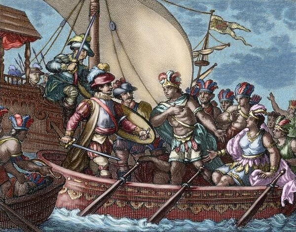 Conquest of Mexico. Capture of Cuauhtemoc. Colored engraving