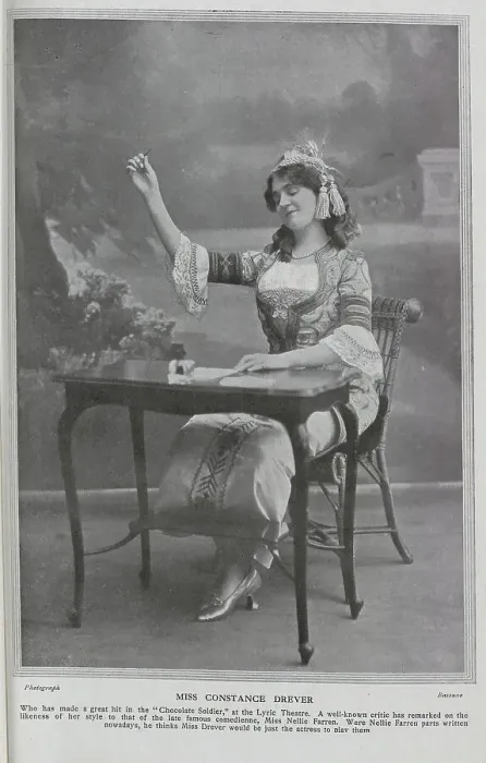 Framed Print : Constance Drever, actress (1880-1948), theatrical portrait, seated at writing desk. Miss Drever had made a recent hit in The Chocolate Soldier'at the Lyric Theatre, and had been compared to the late comedienne, Nellie Farren Framed Print : Constance Drever, actress (1880-1948), theatrical portrait, seated at writing desk. Miss Drever had made a recent hit in The Chocolate Soldier'at the Lyric Theatre, and had been compared to the late comedienne, Nellie Farren