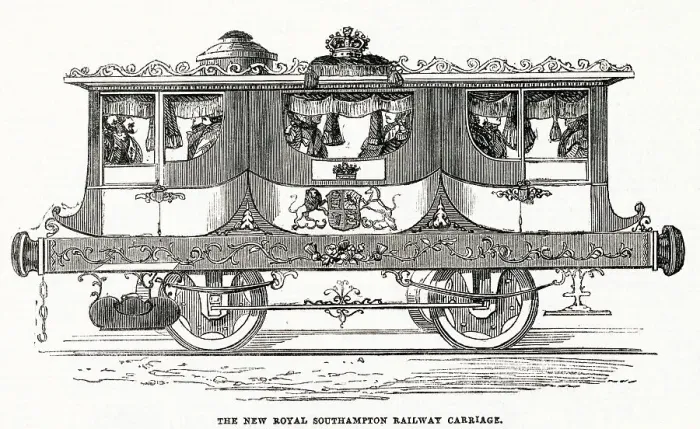 Framed Print : Constructed by the South Western Railway Company for the conveyance of Queen Victoria and her family to their residence in the Isle of Wight. Date: 1844 Framed Print : Constructed by the South Western Railway Company for the conveyance of Queen Victoria and her family to their residence in the Isle of Wight. Date: 1844