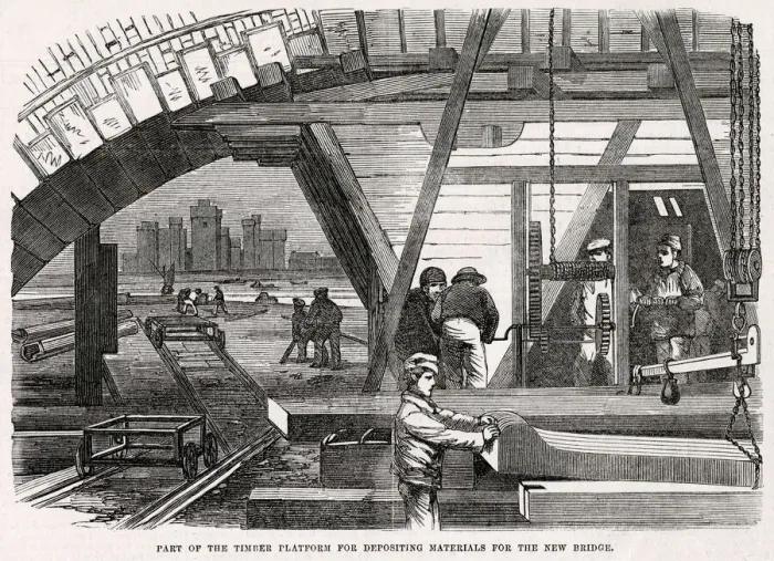 Framed Print : Construction of the new bridge : part of the platform for depositing materials Framed Print : Construction of the new bridge : part of the platform for depositing materials