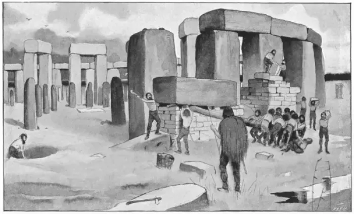 Framed Print : Construction of a prehistoric stone circle Framed Print : Construction of a prehistoric stone circle