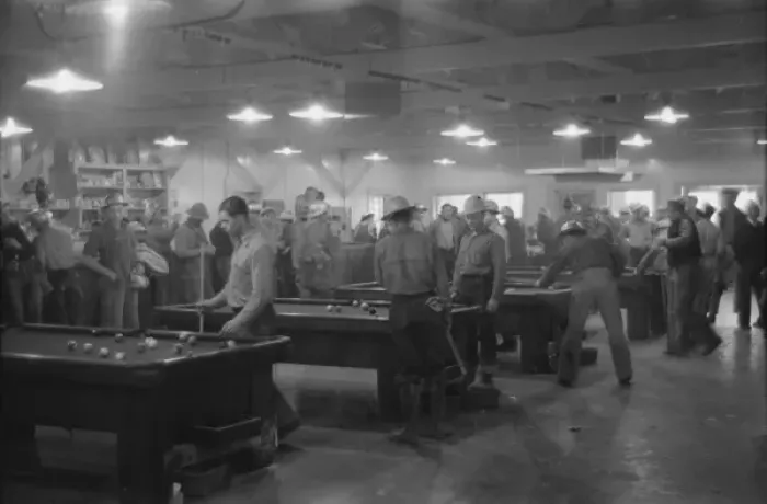 Framed Print : Construction workers playing pool in company commissary, Sha Framed Print : Construction workers playing pool in company commissary, Sha