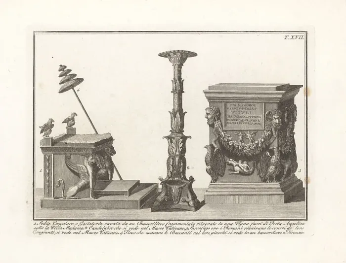 Framed Print : Consular chair, candelabra, sarcophagus and thyrsus Framed Print : Consular chair, candelabra, sarcophagus and thyrsus