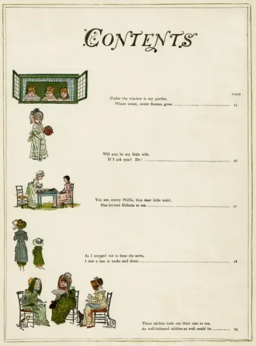 Framed Print : Contents page, Under the Window by Kate Greenaway Framed Print : Contents page, Under the Window by Kate Greenaway