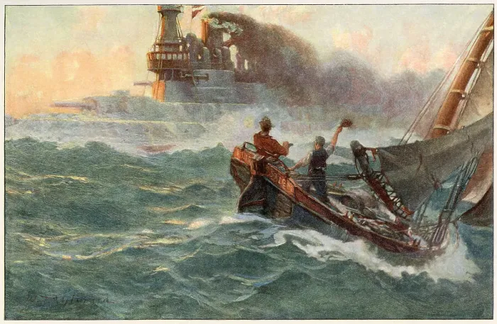 Framed Print : CONTRASTS Two fishermen salute a passing battleship. Date: 1905 Framed Print : CONTRASTS Two fishermen salute a passing battleship. Date: 1905