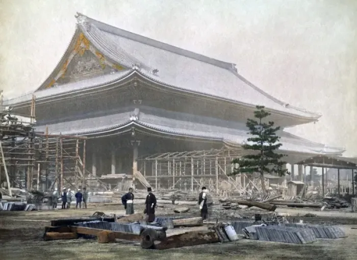 Framed Print : Contrction work on a temple, Japan, circa 1880s Framed Print : Contrction work on a temple, Japan, circa 1880s
