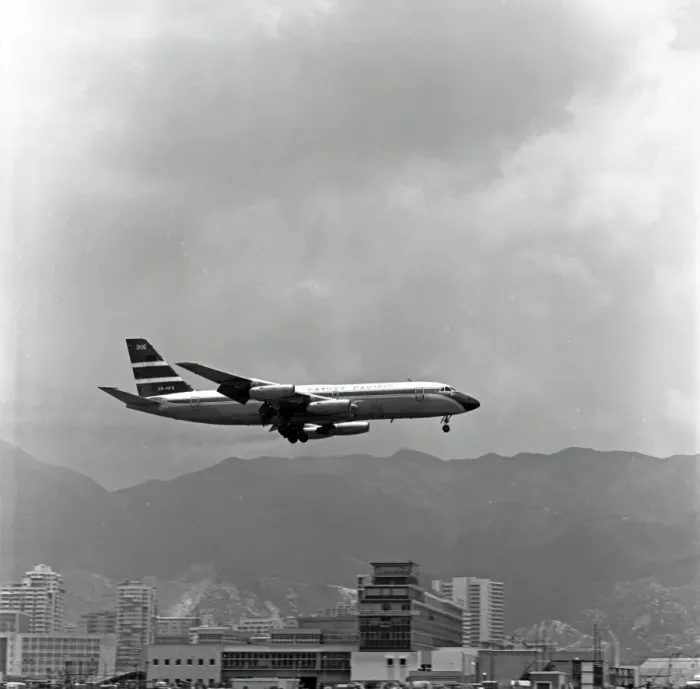 Framed Print : Convair CV880M VR-HFS Cathay Pacific landing Kai Tak - HK Framed Print : Convair CV880M VR-HFS Cathay Pacific landing Kai Tak - HK