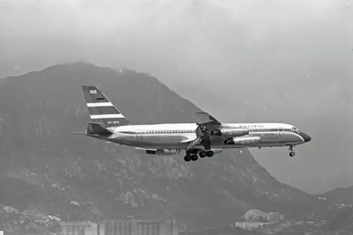 Framed Print : Convair CV880M VR-HFS Cathay Pacific landing Kai Tak - HK Framed Print : Convair CV880M VR-HFS Cathay Pacific landing Kai Tak - HK