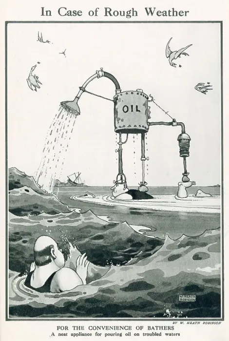 Framed Print : For the convenience of bathers, a neat appliance for pouring oil on troubled waters. Date: 1921 Framed Print : For the convenience of bathers, a neat appliance for pouring oil on troubled waters. Date: 1921