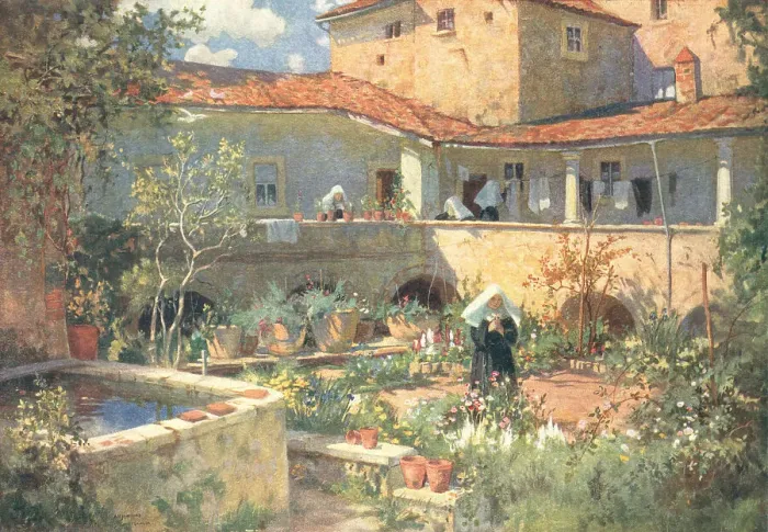Framed Print : Convent. A painting which shows a courtyard of a convent, rich with potted Framed Print : Convent. A painting which shows a courtyard of a convent, rich with potted