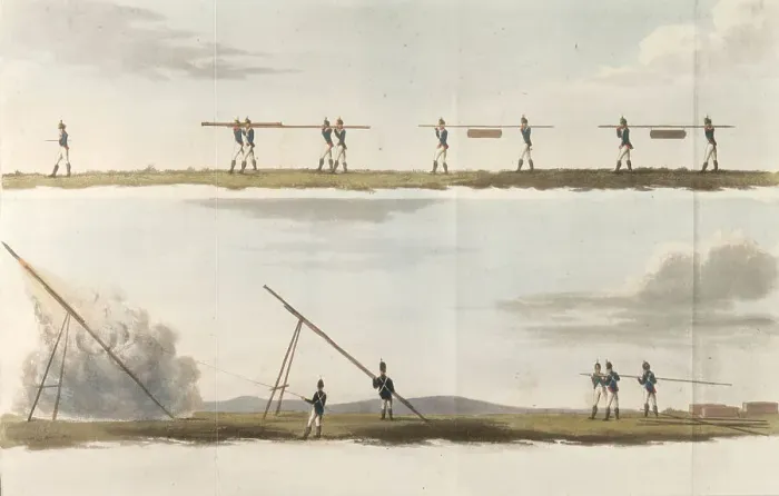 Framed Print : The conveyance and firing of Congreve rockets by infantrymen Date: 1827 Framed Print : The conveyance and firing of Congreve rockets by infantrymen Date: 1827