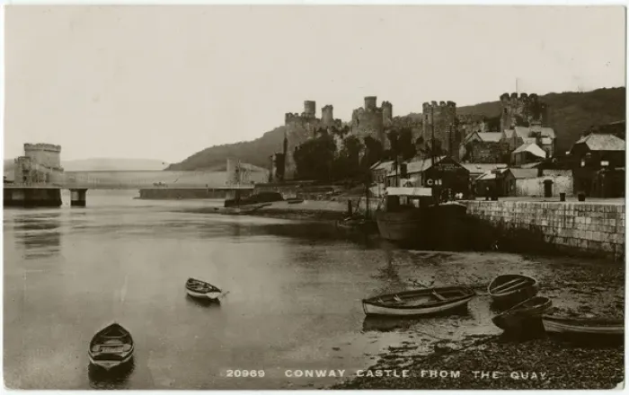 Framed Print : Conwy Castle and Suspension Bridge, Wales - from the Quay Framed Print : Conwy Castle and Suspension Bridge, Wales - from the Quay