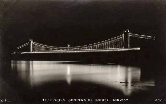 Framed Print : Conwy Suspension Bridge, North Wales - Illuminated Framed Print : Conwy Suspension Bridge, North Wales - Illuminated