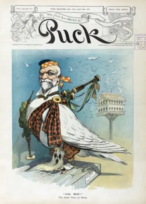 Framed Print : Coo, mon!. Illustration shows Andrew Carnegie as a Scottish dove with a bagpipe Framed Print : Coo, mon!. Illustration shows Andrew Carnegie as a Scottish dove with a bagpipe