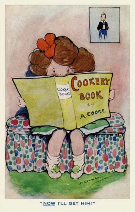 Framed Print : Cookery. Small girl reading a cookery book. Artist Hilda Cowham. Date: 1915 Framed Print : Cookery. Small girl reading a cookery book. Artist Hilda Cowham. Date: 1915
