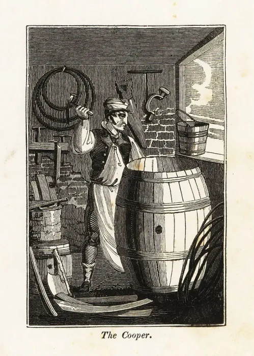 Framed Print : Cooper working on a barrel in a workshop