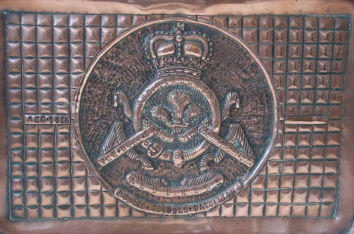 Framed Print : Copper tray with - badge of the Middlesex Regiment Framed Print : Copper tray with - badge of the Middlesex Regiment