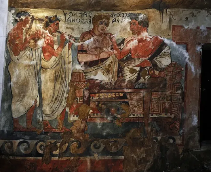 Framed Print : Copy of Etruscan wall painting. Tomb of the Shields. c. 350 Framed Print : Copy of Etruscan wall painting. Tomb of the Shields. c. 350
