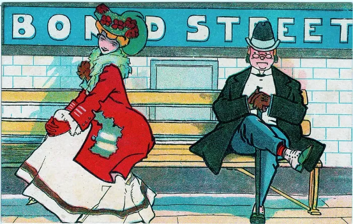 Framed Print : Coquettish Edwardian lady & peeking gentleman on seat