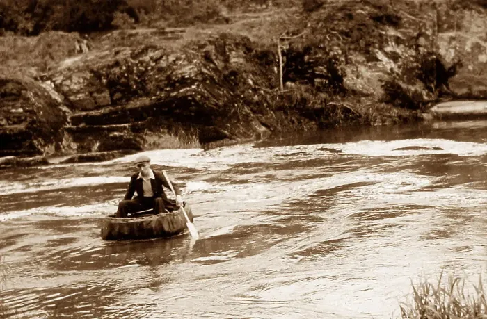 Framed Print : Coracle on River Teifi at Cenarth, Wales probably 1930s Framed Print : Coracle on River Teifi at Cenarth, Wales probably 1930s