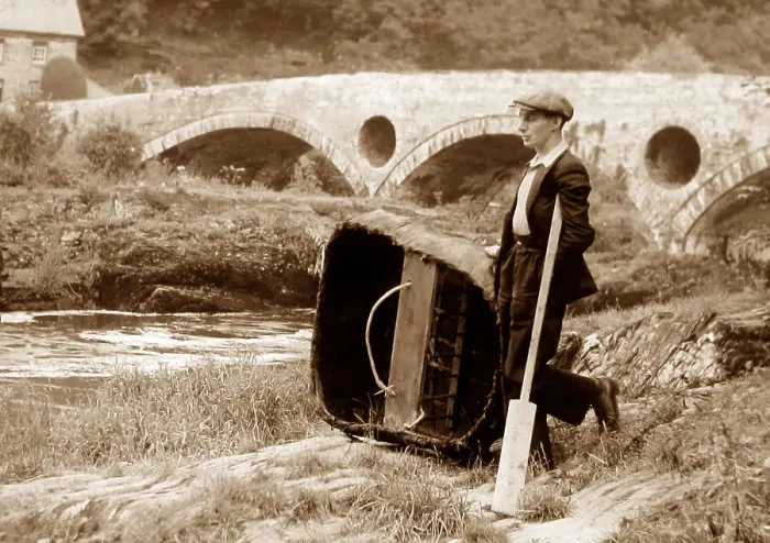 Framed Print : Coracle on River Teifi at Cenarth, Wales probably 1930s Framed Print : Coracle on River Teifi at Cenarth, Wales probably 1930s