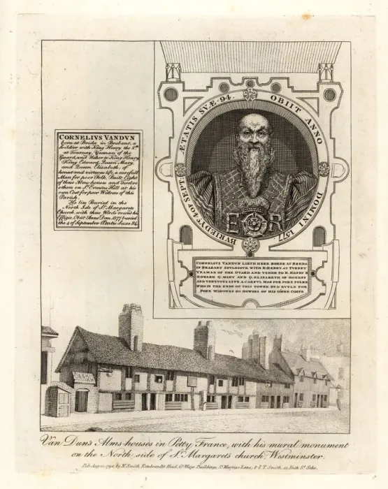 Framed Print : Cornelius Van Duns almshouses in Petty France Framed Print : Cornelius Van Duns almshouses in Petty France