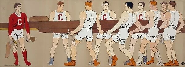 Cornell crew team holding a boat; on left is team coxswain